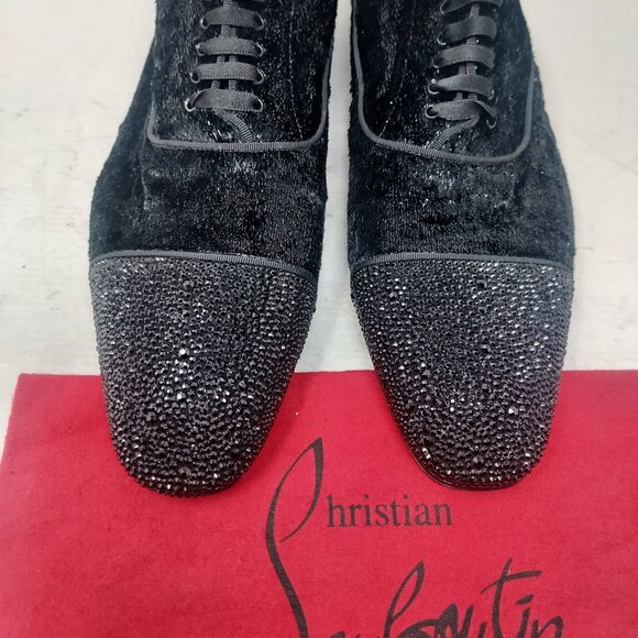 Christian Louboutin Black Greggy Chick Bejeweled Strass Lace Up Velvet Loafer Sh main image 12